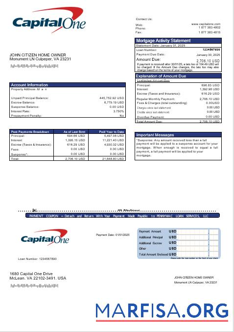 Blank USA Capital One bank mortgage statement in Word and PDF formats sample
